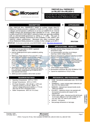 JANTXV1N821URTR-1 datasheet - 6.2 & 6.55 Volt Temperature Compensated Surface Mount Zener Reference Diodes