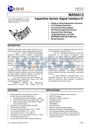 MAS6512 datasheet - Capacitive Sensor Signal Interface IC