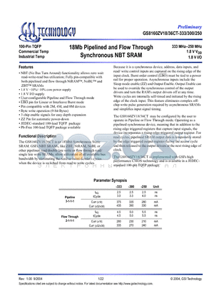 GS8160ZV36CT-300 datasheet - 18Mb Pipelined and Flow Through Synchronous NBT SRAM