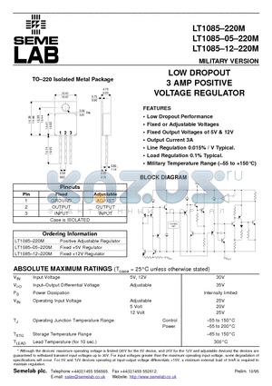 LT1085220M05 datasheet - LOW DROPOUT 3 AMP POSITIVE VOLTAGE REGULATOR