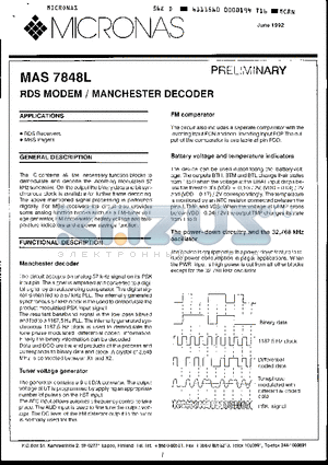 MAS7848L44C datasheet - RDS MODEM / MANCHESTER DECODER
