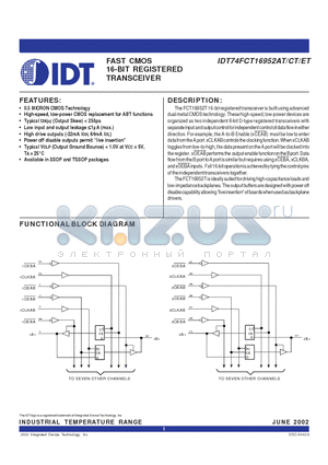 IDT74FCT16952CT datasheet - FAST CMOS 16-BIT REGISTERED TRANSCEIVER