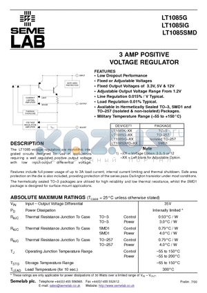 LT1085IG datasheet - 3 AMP POSITIVE VOLTAGE REGULATOR