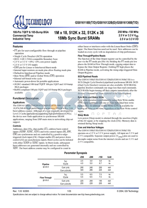 GS816118BT-150I datasheet - 1M x 18, 512K x 32, 512K x 36 18Mb Sync Burst SRAMs