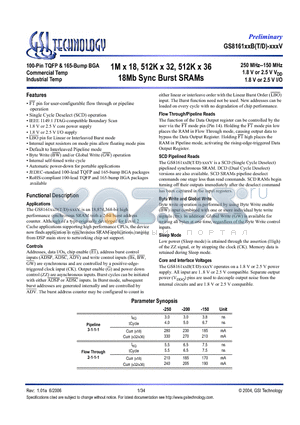 GS816118BGT-250IV datasheet - 1M x 18, 512K x 32, 512K x 36 18Mb Sync Burst SRAMs