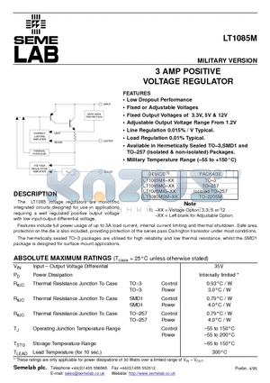 LT1085M datasheet - 3 AMP POSITIVE VOLTAGE REGULATOR