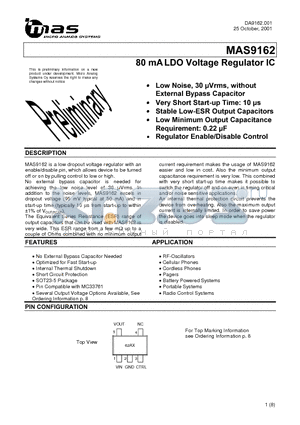 MAS9162AST7-T datasheet - 80 mA LDO VOLTAGE REGULATOR IC