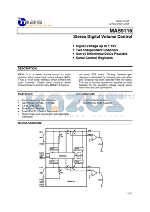 MAS9116AASD06 datasheet - Stereo Digital Volume Control