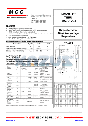 MC7906CT-BP datasheet - Three-Terminal Negative Voltage Regulators