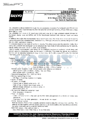 LC65204A datasheet - 4-bit SingleChip Microcomputer for Control Applications