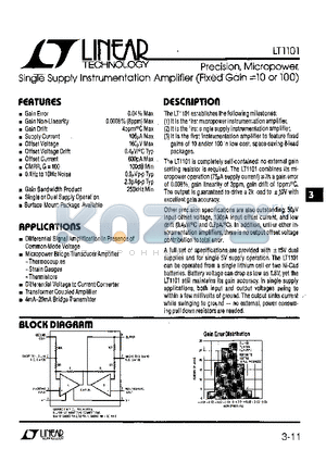 LT1101AIN8 datasheet - Precision, Micropower, Single Supply Instrumentation Amplifier(Fixed Gain=10 or 100)