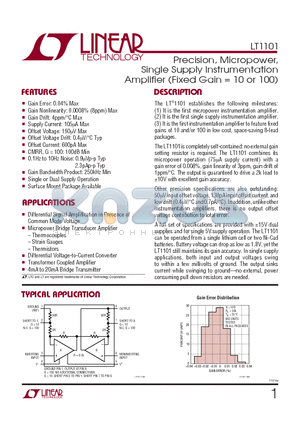 LT1101AIN8 datasheet - Precision, Micropower, Single Supply Instrumentation Amplifier (Fixed Gain = 10 or 100)