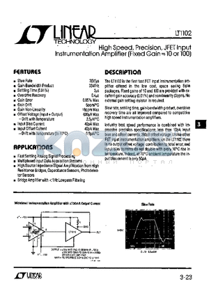 LT1102 datasheet - High Speed, Precision, JFET Input Instrumentation Amplifier(Fixed Gain=10 or 100)