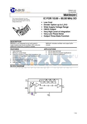 MAS9281ABTG00 datasheet - IC FOR 10.00 - 60.00 MHz XO