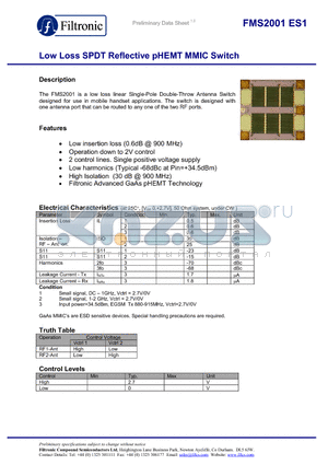 FMS2001ES1 datasheet - Low Loss SPDT Reflective pHEMT MMIC Switch