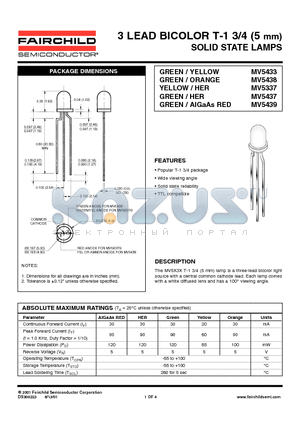 MV5433 datasheet - 3 LEAD BICOLOR T-1 3/4 (5 mm) SOLID STATE LAMPS