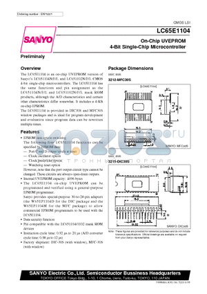 LC65P1104 datasheet - On-Chip UVEPROM 4-Bit Single-Chip Microcontroller