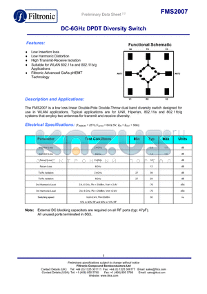 FMS2007-000-GP datasheet - DC-6GHz DPDT Diversity Switch