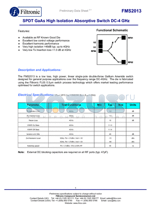 FMS2013-000-WP datasheet - SPDT GaAs High Isolation Absorptive Switch DC-4 GHz