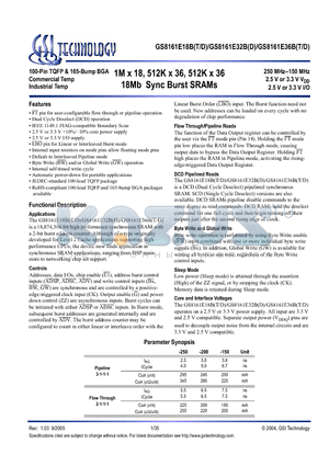 GS8161E18BGT-200I datasheet - 1M x 18, 512K x 36, 512K x 36 18Mb Sync Burst SRAMs