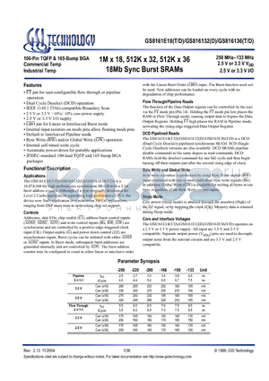 GS8161E18D-133I datasheet - 1M x 18, 512K x 32, 512K x 36 18Mb Sync Burst SRAMs