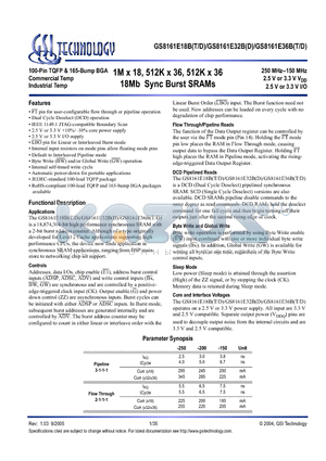 GS8161E18BGT-250 datasheet - 1M x 18, 512K x 36, 512K x 36 18Mb Sync Burst SRAMs