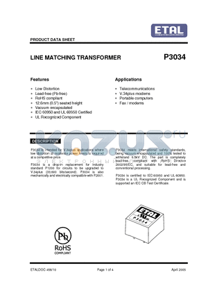 P3034 datasheet - LINE MATCHING TRANSFORMER