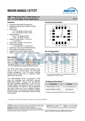MASW-000822-1277OT datasheet - HMICTM PIN Diode SP2T 10 Watt Switch for 0.05 - 6.0 GHz Higher Power Applications