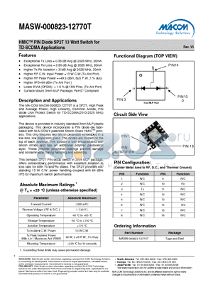 MASW-000823-12770T datasheet - HMICTM PIN Diode SP2T 13 Watt Switch for TD-SCDMA Applications