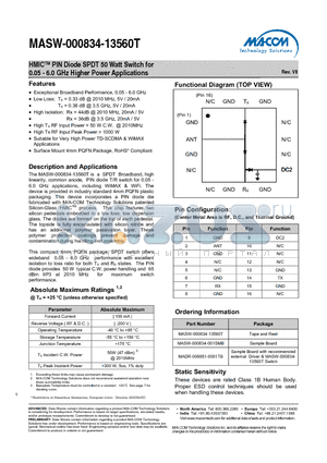 MASW-000834_13560T_V8 datasheet - HMICTM PIN Diode SPDT 50 Watt Switch