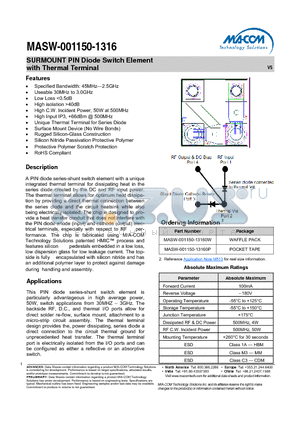 MASW-001150-13160 datasheet - SURMOUNT PIN Diode Switch Element