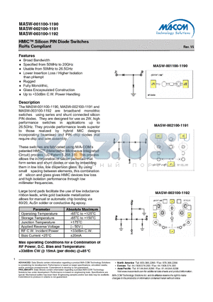 MASW-001100-11900W datasheet - HMIC Silicon PIN Diode Switches RoHs Compliant