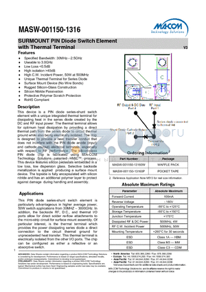 MASW-001150-13160P datasheet - SURMOUNT PIN Diode Switch Element with Thermal Terminal