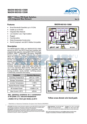 MASW-002102-13590W datasheet - HMIC Silicon PIN Diode Switches