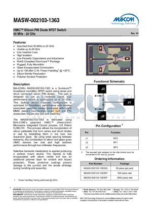 MASW-002103-13630G datasheet - HMICTM Silicon PIN Diode SPDT Switch 50 MHz - 20 GHz