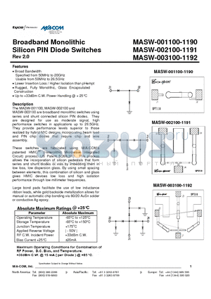 MASW-003100-1192 datasheet - Broadband Monolithic Silicon PIN Diode Switches