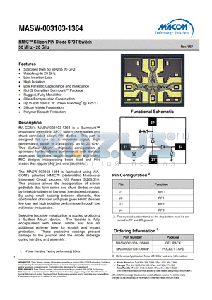 MASW-003103-1364 datasheet - HMICTM Silicon PIN Diode SP3T Switch 50 MHz - 20 GHz