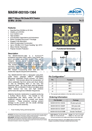 MASW-003103-1364 datasheet - HMICTM Silicon PIN Diode SP3T Switch