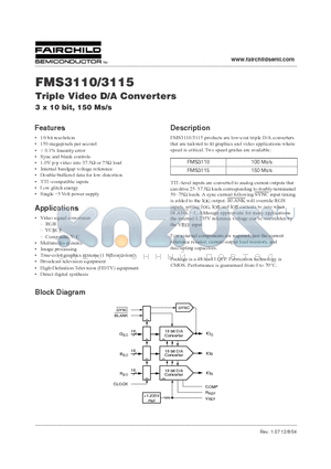 FMS3115 datasheet - Triple Video D/A Converters 3 x 10 bit, 150 Ms/s