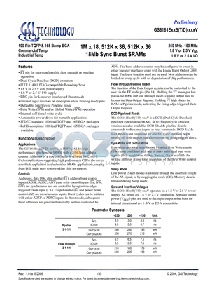 GS8161E36BD-150IV datasheet - 1M x 18, 512K x 36, 512K x 36 18Mb Sync Burst SRAMs