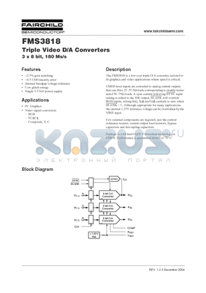 FMS3818KRC datasheet - Triple Video D/A Converters 3 x 8 bit, 180 Ms/s