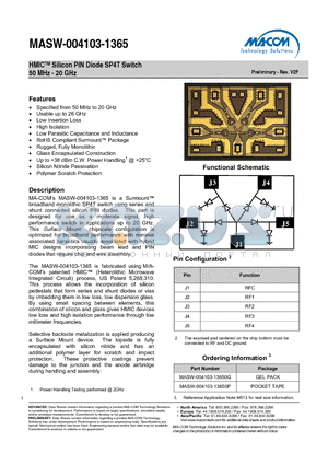 MASW-004103-13650P datasheet - HMICTM Silicon PIN Diode SP4T Switch