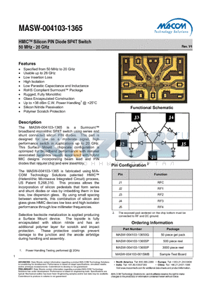 MASW-004103-1365_V4 datasheet - HMICTM Silicon PIN Diode SP4T Switch