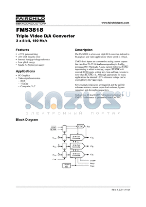 FMS3818KRC datasheet - Triple Video D/A Converter 3 x 8 bit, 180 Ms/s