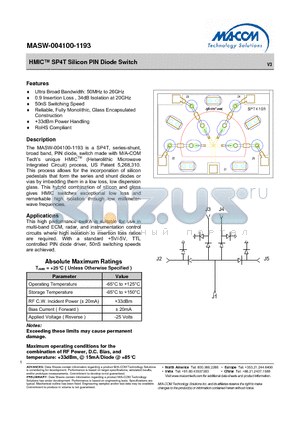 MASW-004100-1193 datasheet - HMIC SP4T Silicon PIN Diode Switch