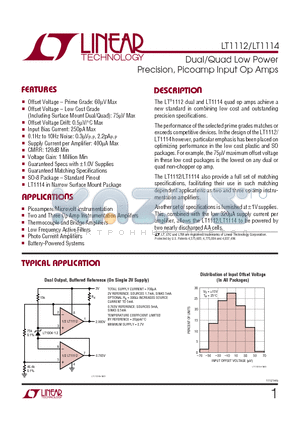 LT1112 datasheet - Dual/Quad Low Power Precision, Picoamp Input Op Amps