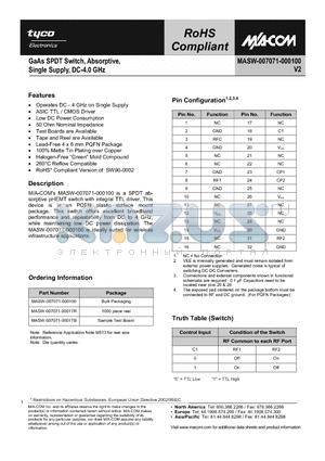 MASW-007071-0001TB datasheet - GaAs SPST Switch, Absorptive, Single Supply, DC-4.0 GHz