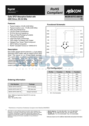 MASW-007072-000100 datasheet - GaAs SP2T Switch, Absorptive, Switch with ASIC Driver, DC-3.0 GHz