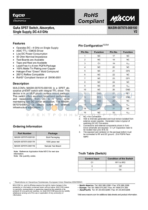 MASW-007070-000100 datasheet - GaAs SPST Switch, Absorptive, Single Supply, DC-4.0 GHz