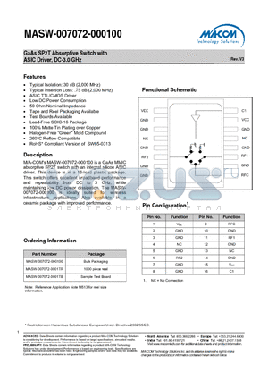 MASW-007072-0001TB datasheet - GaAs SP2T Absorptive Switch with ASIC Driver, DC-3.0 GHz